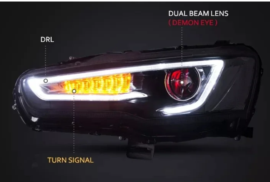 Faróis LED para Mitsubishi Lancer e EVO X 2008-2020 - DRL com Sinal de Giro Sequencial